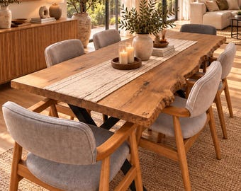 May include: A rectangular dining table with a natural live edge wood top and black metal legs, surrounded by six chairs with light gray upholstered seats and wooden frames. A beige table runner holds a wooden tray with two pillar candles.