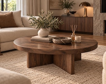 May include: A round, dark brown wooden coffee table with a thick, flat top and a sturdy, intersecting cross-base design. The table surface holds a light-colored ceramic vase with green foliage, two stacked books, a marble bowl, and a reed diffuser.