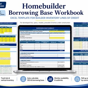 Puede incluir: Una plantilla digital de Excel Homebuilder Borrowing Base Workbook en la pantalla de un portátil, con tablas para el seguimiento de inventario, términos de préstamos y resumen de garantías, con encabezados azules y amarillos.