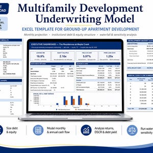 May include: A digital Multifamily Development Underwriting Model Excel template displayed on a laptop screen. The interface features an executive dashboard, project summary, development budget, and annual cash flow summary with financial data tables.