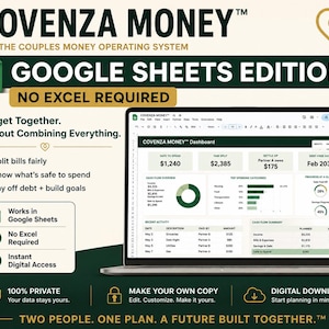 May include: A laptop displaying the Covenza Money Google Sheets Edition dashboard. The screen shows financial data including safe to spend, fair split, and debt-free date. Text includes Budget Together, No Excel Required, and Instant Digital Access.