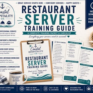 May include: A restaurant server training guide packet featuring a clipboard with a cover page, multiple checklist pages, and a white mug with the text 'GOOD SERVICE IS GOOD BUSINESS'. The design includes navy blue and teal text and anchor icons.