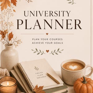Peut inclure: Un agenda universitaire à couverture beige portant le texte "FOCUS PLAN SUCCEED" et une petite icône de feuille. L'agenda est entouré d'une tasse de café, d'une petite citrouille, d'une bougie allumée, d'un stylo doré et de feuilles d'automne.