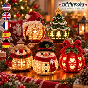 May include: Five crocheted holiday decorations featuring a Santa, a Christmas tree, a reindeer, a snowman, and a red ornament, all illuminated from within. The text 'estichcrochet' appears at the top right corner of the image.