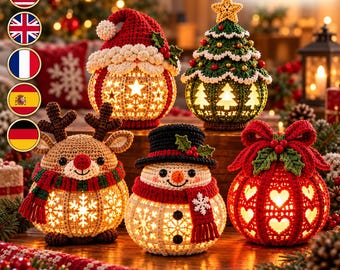 May include: Five crocheted holiday decorations featuring a Santa, a Christmas tree, a reindeer, a snowman, and a red ornament, all illuminated from within. The text 'estichcrochet' appears at the top right corner of the image.