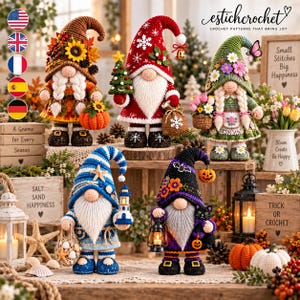 May include: Five crocheted gnome figurines representing different seasons and holidays. The collection includes a fall gnome with a pumpkin, a Christmas gnome with a tree, a spring gnome with flowers, a summer gnome with a lighthouse, and a Halloween gnome with a black cat.