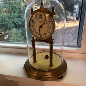 Vintage Kundo Anniversary Clock, German 400 Day Brass Mantel Clock, Rose Dial, Glass Dome, Missing Pendulum