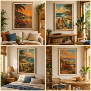 May include: A collection of four framed wall art prints featuring vintage camper vans parked on sandy beaches at sunset or during the day, with coastal landscapes, palm trees, ocean waves, and surfers depicted in a warm, nostalgic artistic style.
