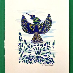 May include: A colorful illustration of a bird with outstretched wings, featuring intricate patterns in blue, yellow, and green. The artwork is set against a light blue and white background, with a green border. The artist's signature is visible in the lower right corner.