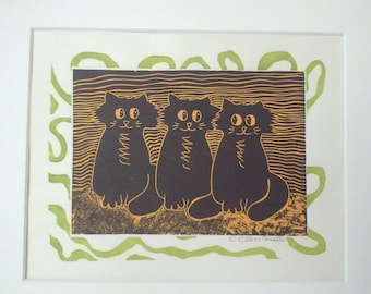 Black Cat Folk Art Print, Three Cats