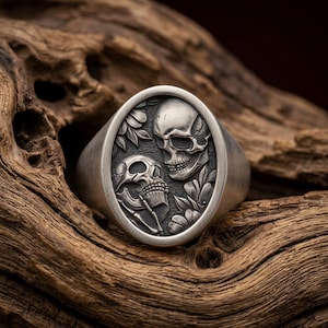 Floral Skull Ring, Skeleton Lovers Ring, Gothic Till Death Ring, Macabre Jewelry Gift for Him, Botanical Band Gift for Her