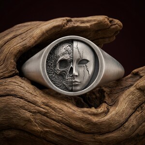 Split Face Skull Signet, Oxidized Silver Pinky Ring, Gothic Jewelry Gift for Him, Unisex Style Gift for Her