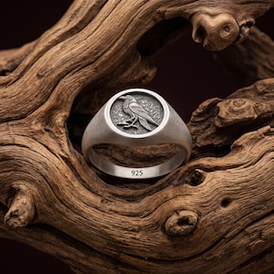 Raven Signet, Gothic Crow Band - Oxidized Sterling Silver | Viking Mythology Jewelry Accessory, US Sizes 3-16