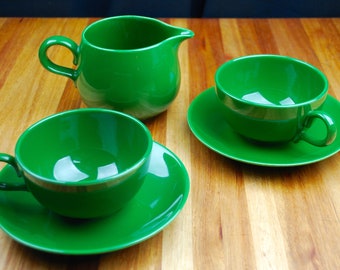 Homer Laughlin Rhythm Forest Green Tea Cups, Saucers and Creamer