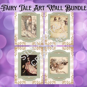 Può includere: Un set di arte digitale composto da quattro stampe rettangolari con bordi verde salvia e dettagli dorati. Ogni stampa mostra un'illustrazione in stile vintage di scene tratte da fiabe. Il testo FAIRY TALE ART WALL BUNDLE appare in alto.