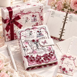 May include: A white A6 binder planner with a magnetic butterfly closure, featuring pink and dark red rose illustrations, ribbons, and butterflies. It includes a matching gift box, a silver pen, loose-leaf paper, and a card with the text For a Brighter Day.