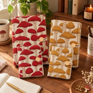 Handmade Mushroom Fabric Journal: Refillable A5/A6 Notebook, Cottagecore Planner (Blank, Lined, Grid)