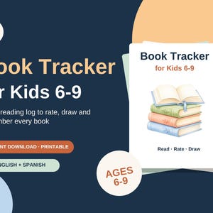 Könnte beinhalten: Ein Lesetagebuch Book Tracker for Kids 6-9 mit einem Stapel aus vier illustrierten Büchern auf dem Cover. Der Text lautet Book Tracker for Kids 6-9, A first reading log to rate, draw and remember every book, Read, Rate, Draw und Ages 6-9.