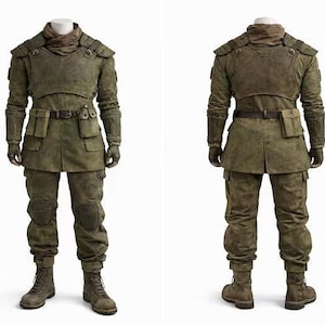 Könnte beinhalten: Ein taktisches olivgrünes Uniformset bestehend aus einer langärmeligen Jacke mit Schulterpolstern, einem Stehkragen und einem Gürtel mit aufgesetzten Utensilientaschen. Die passende Hose hat Kniepolster und Cargotaschen sowie Schnürstiefel.