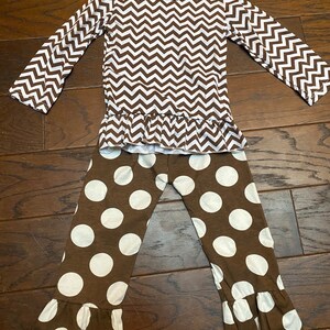 Girls Fall Long Sleeved Brown Chevron Top and Ruffle Bottom Polka Dot Pants—Free Shipping