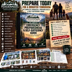 Può includere: Un raccoglitore nero intitolato The Complete Emergency Preparedness & Self-Sufficiency Guide, con una copertina raffigurante un lago di montagna. Include pagine stampate su acqua, cibo, sicurezza e un piano di 90 giorni, più una tazza verde scuro.