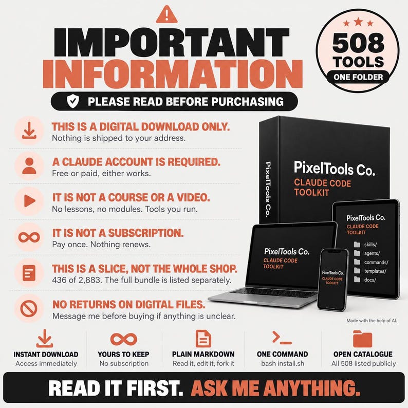 May include: A digital product information graphic for the PixelTools Co. Claude Code Toolkit. It features a black box, laptop, tablet, and smartphone displaying the brand name and text detailing that this is a digital download of 508 tools.