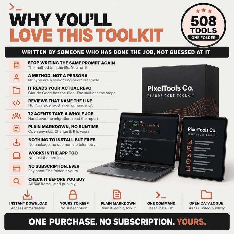 May include: A digital product advertisement for the PixelTools Co. Claude Code Toolkit, featuring a black box, a laptop displaying code, and a tablet with a checklist. The text highlights 508 tools in one folder, emphasizing no subscription, instant download, and plain markdown files for developers.