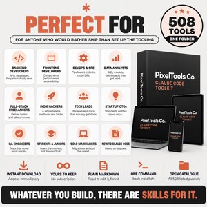 May include: A digital product advertisement for PixelTools Co. Claude Code Toolkit featuring 508 tools in one folder. The graphic displays a black box, a laptop, a tablet, and a smartphone, all labeled with the brand name, alongside a grid of icons and text describing target users and features like instant download and plain markdown.
