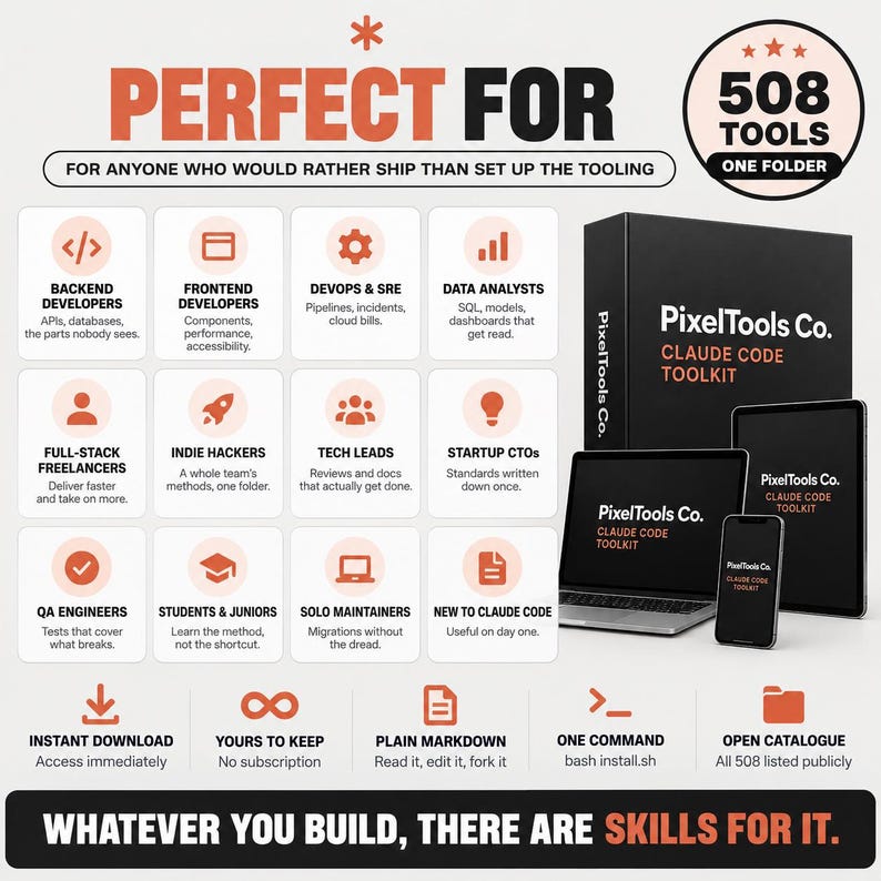 May include: A digital product advertisement for PixelTools Co. Claude Code Toolkit featuring 508 tools in one folder. The graphic displays a black box, a laptop, a tablet, and a smartphone, all labeled with the brand name, alongside a grid of icons and text describing target users and features like instant download and plain markdown.