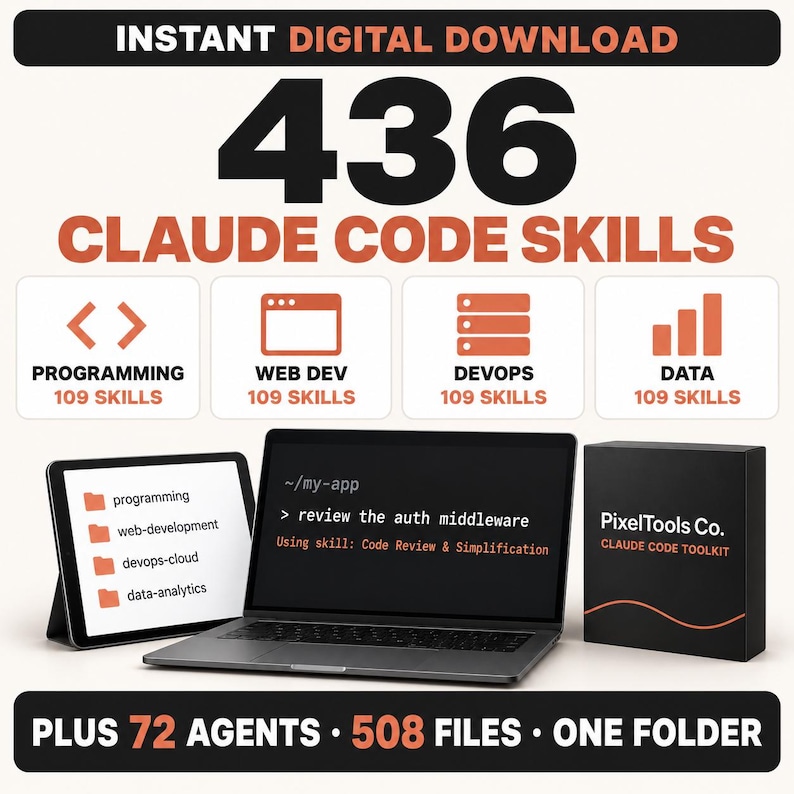 May include: A digital product graphic titled 436 CLAUDE CODE SKILLS with icons for programming, web dev, devops, and data. It features a tablet showing folder lists, a laptop displaying code, and a black box labeled PixelTools Co. CLAUDE CODE TOOLKIT.