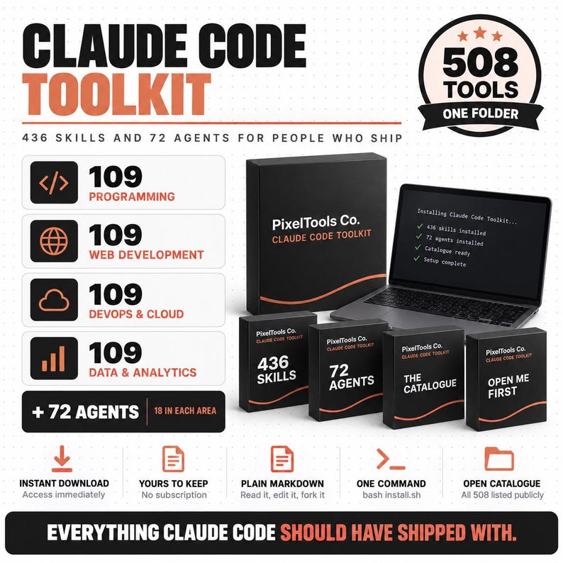 May include: The Claude Code Toolkit features a laptop displaying installation progress alongside four black boxes labeled 436 Skills, 72 Agents, The Catalogue, and Open Me First. The graphic lists 109 items each for programming, web development, devops, and cloud, and data and analytics.