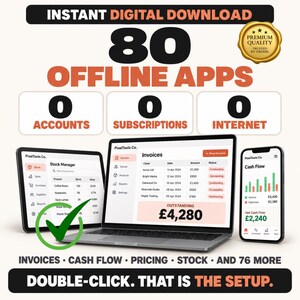 May include: A digital product display featuring a laptop, tablet, and smartphone showing business management software. Text includes 80 OFFLINE APPS, 0 ACCOUNTS, 0 SUBSCRIPTIONS, 0 INTERNET, and DOUBLE-CLICK. THAT IS THE SETUP. A gold seal reads PREMIUM QUALITY.