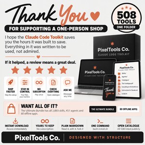 May include: A digital product display for the Claude Code Toolkit by PixelTools Co. featuring a laptop, tablet, and smartphone showing file structures. Text includes Thank You, 508 Tools, and Want All Of It, with icons for features like instant download.