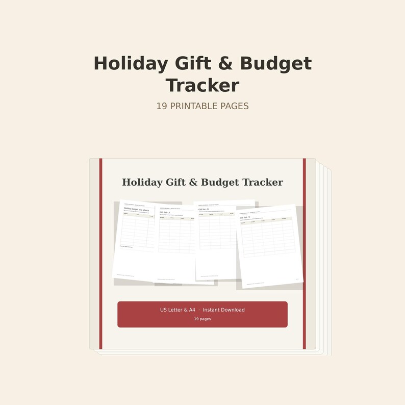 Holiday Gift and Budget Tracker, 19 printable pages, page mockup