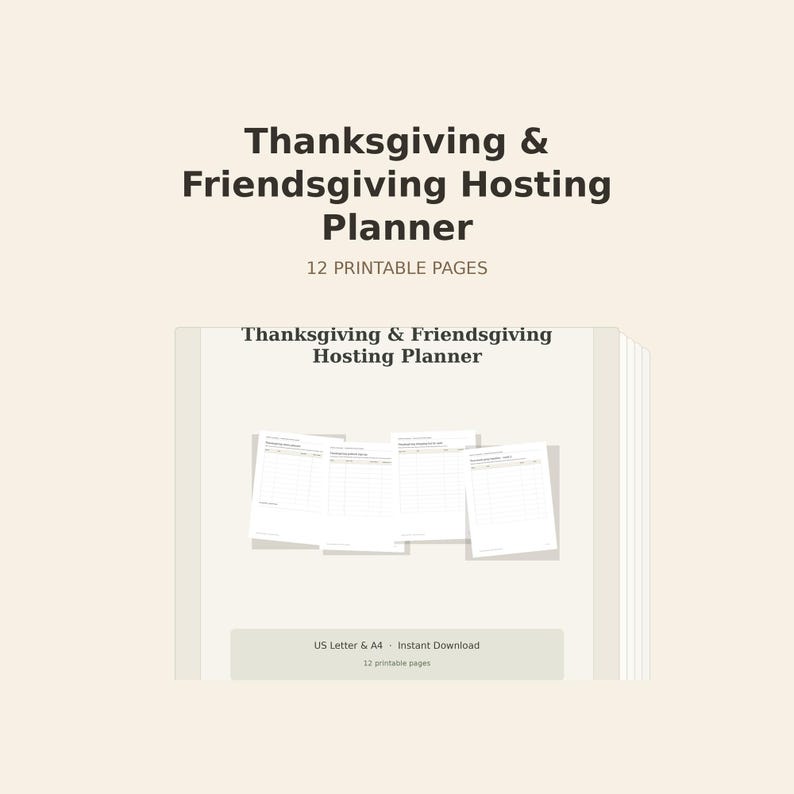 Thanksgiving and Friendsgiving Hosting Planner, 12 printable pages, page mockup
