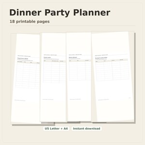 Dinner Party Planner, 18 printable pages fanned on a desk, US Letter and A4, instant download
