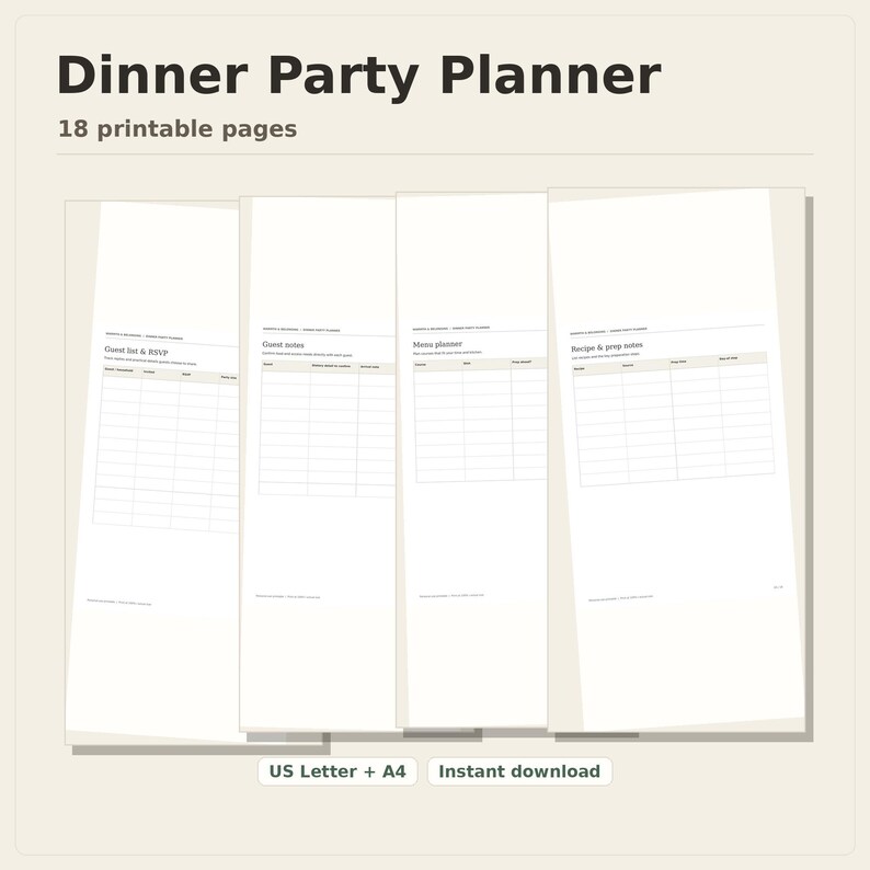 Dinner Party Planner, 18 printable pages fanned on a desk, US Letter and A4, instant download