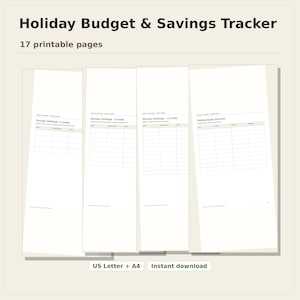 Holiday Budget and Savings Tracker, 17 printable pages fanned on a desk, US Letter and A4, instant download