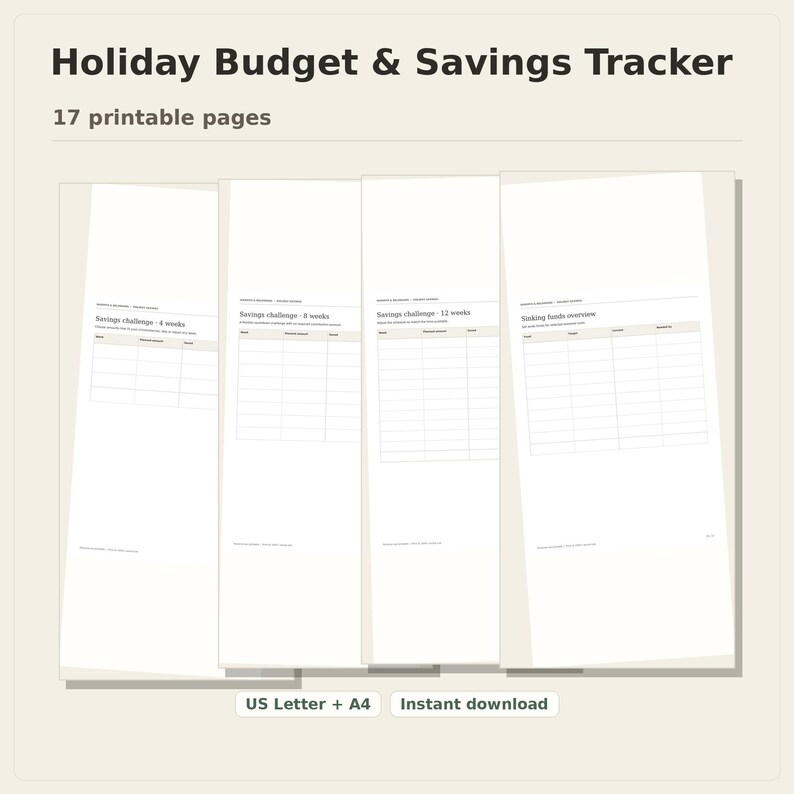Holiday Budget and Savings Tracker, 17 printable pages fanned on a desk, US Letter and A4, instant download