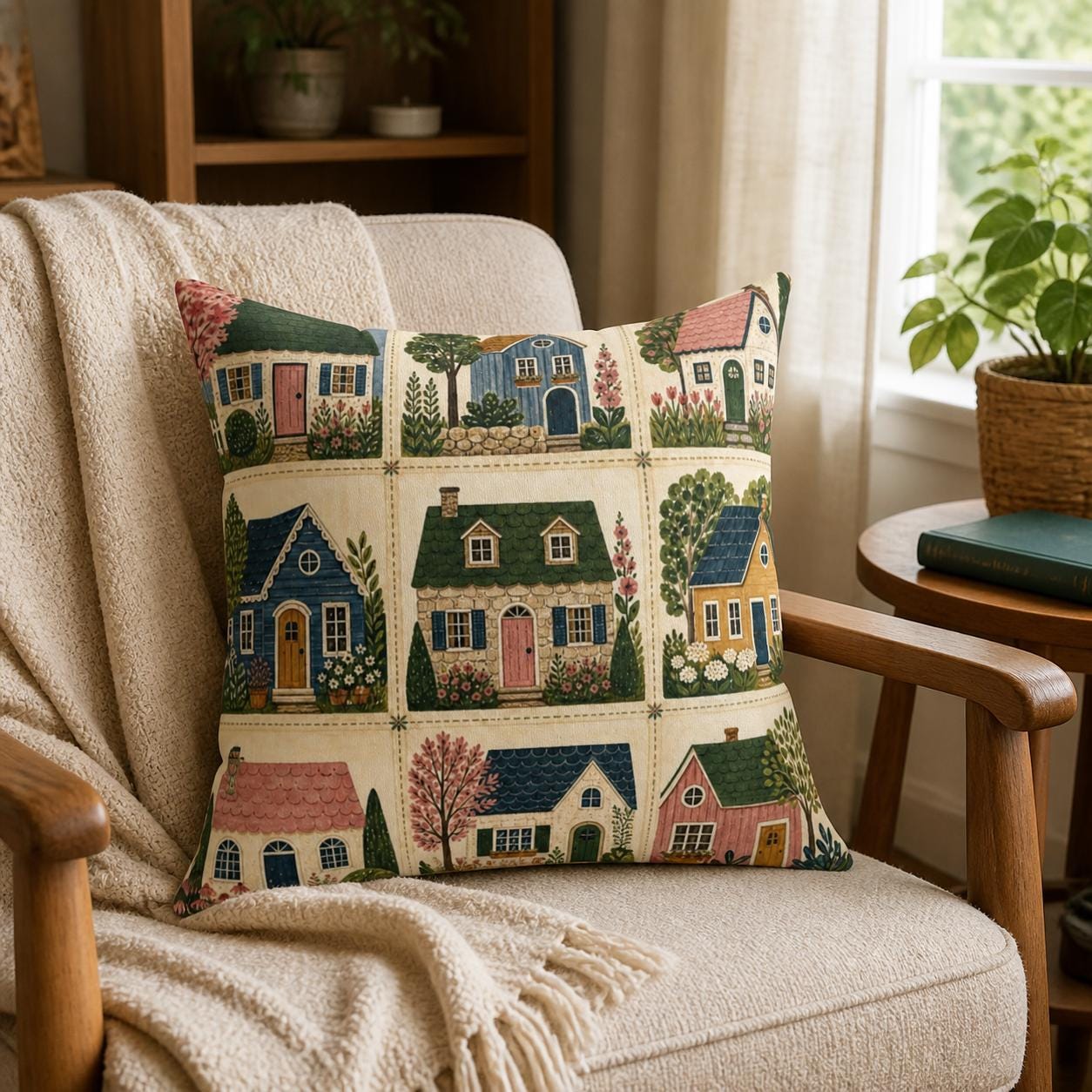 Little Neighborhood illustrated pillow on a reading chair
