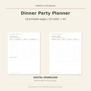 Dinner Party Planner, 18 Printable Pages, Hosting Checklist, Guest List and RSVP, Menu Planner, Seating Chart, Bar and Timeline, Letter A4 image 1