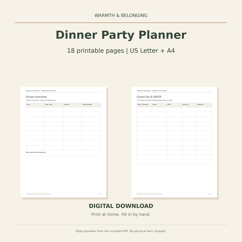 Dinner Party Planner, 18 Printable Pages, Hosting Checklist, Guest List and RSVP, Menu Planner, Seating Chart, Bar and Timeline, Letter A4 image 1