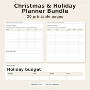 Christmas & Holiday Planner Bundle, 20 printable pages, preview of two pages
