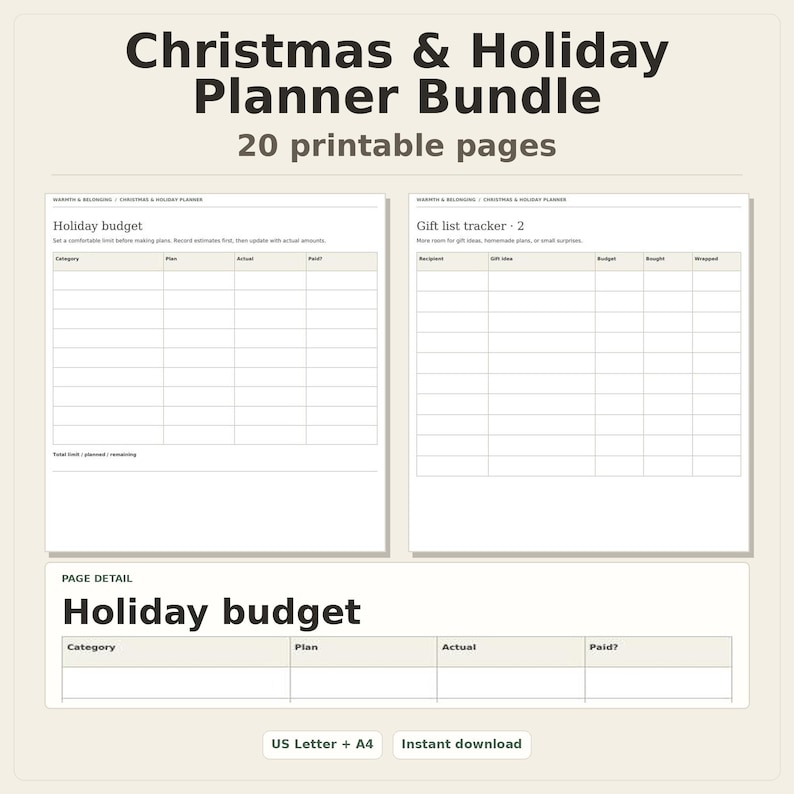 Christmas & Holiday Planner Bundle, 20 printable pages, preview of two pages