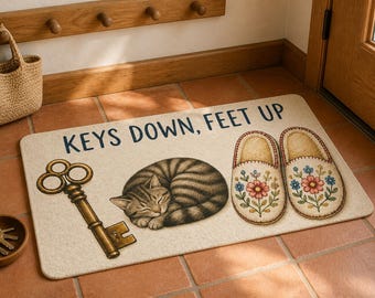Keys Down Feet Up Cat Doormat, Housewarming Gift, New Home Gift
