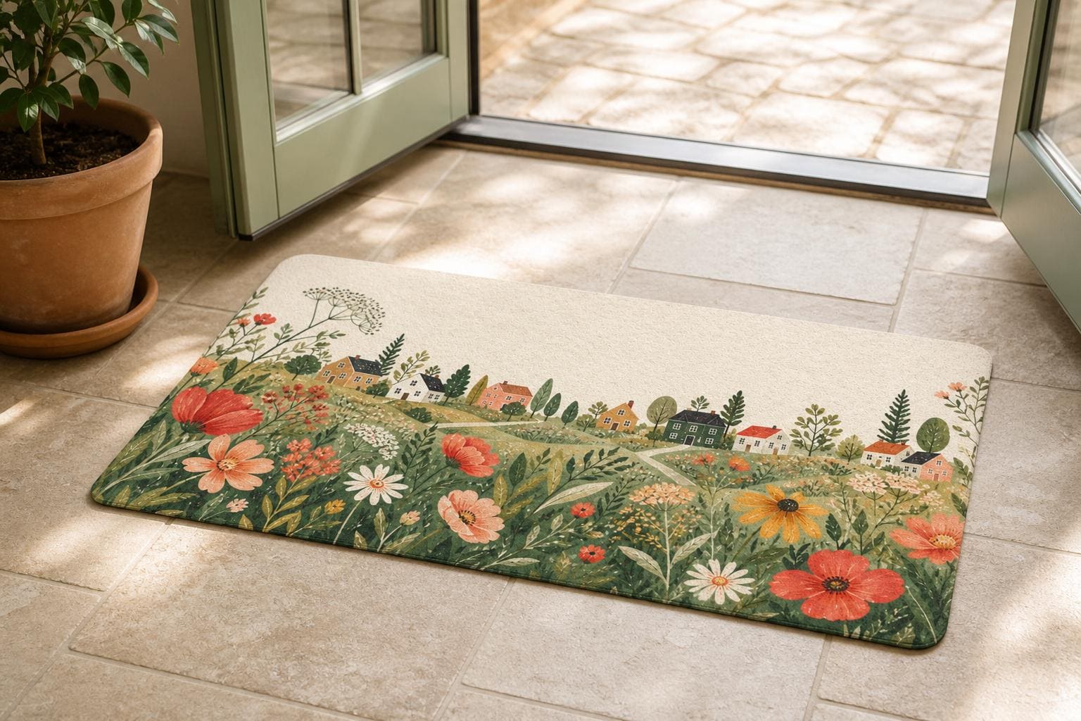 A welcoming entryway with an illustrated neighborhood doormat