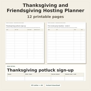 Thanksgiving and Friendsgiving Hosting Planner, 12 printable pages, preview of two pages