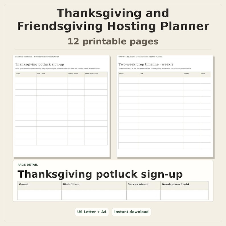 Thanksgiving and Friendsgiving Hosting Planner, 12 printable pages, preview of two pages