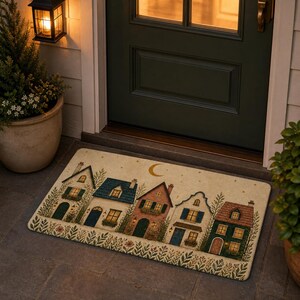 May include: A rectangular doormat featuring a printed illustration of five houses in various colors with lit windows, set against a cream background with a crescent moon and stars, bordered by a pattern of green leaves and small flowers.