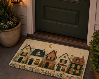 May include: A rectangular doormat featuring a printed illustration of five houses in various colors with lit windows, set against a cream background with a crescent moon and stars, bordered by a pattern of green leaves and small flowers.
